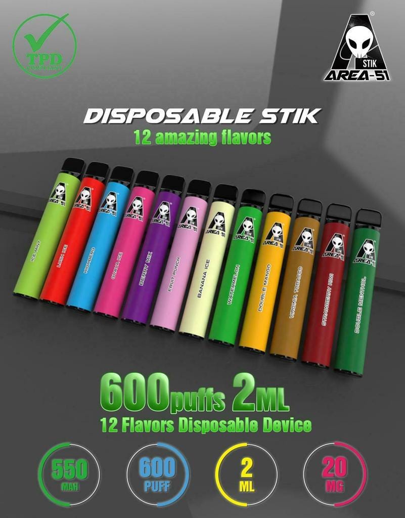 Area 51 600 Puffs 20mg 0mg Disposable Stik Vape Pod Kit